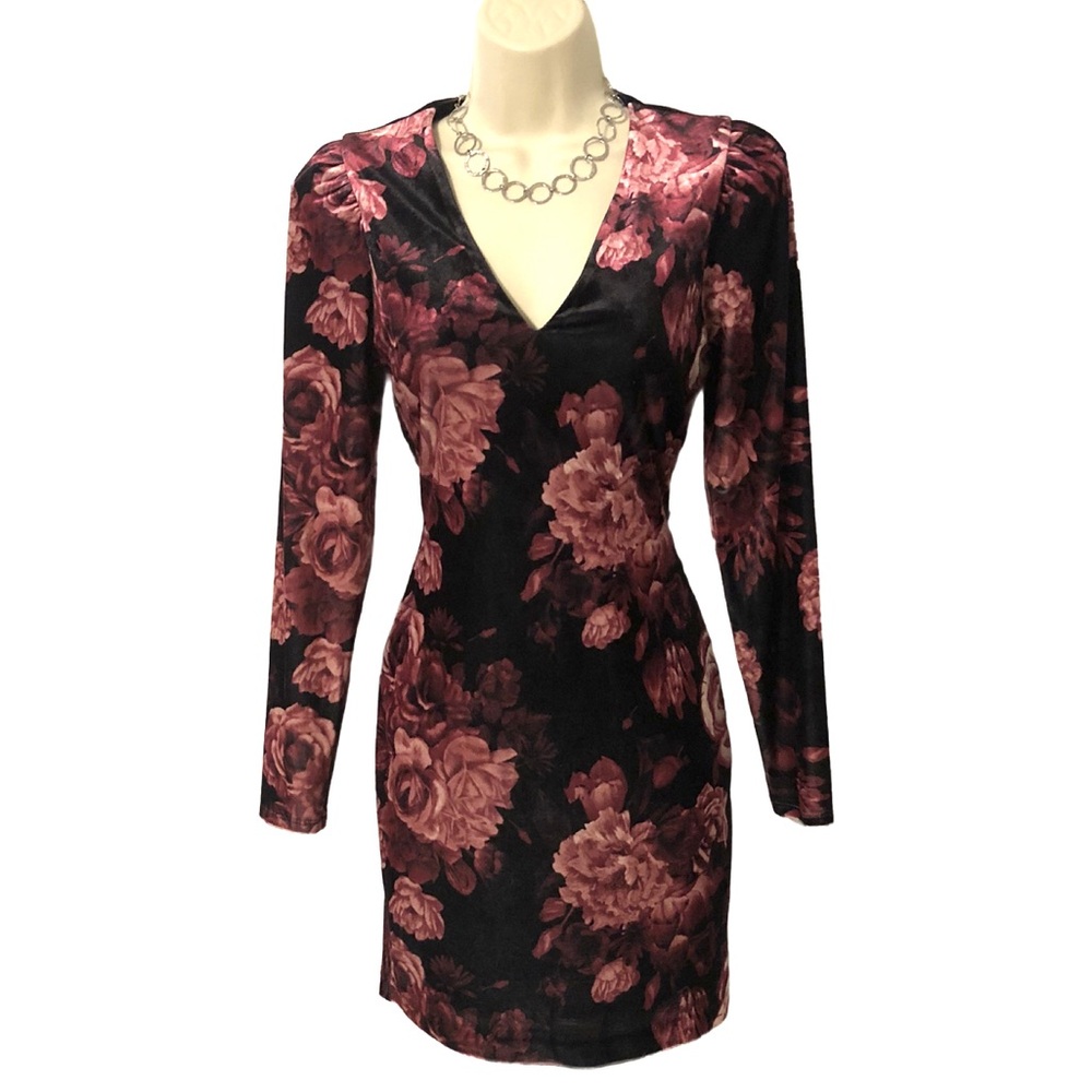 NWT Express Velvet Floral Bodycon Occasion Dress Womens XS long sleeve MSRP‎ $98